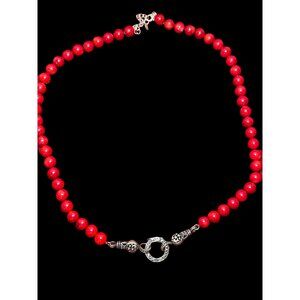 1960s 925 BC Sterling Silver Red Coral Beaded Necklace-Vintage